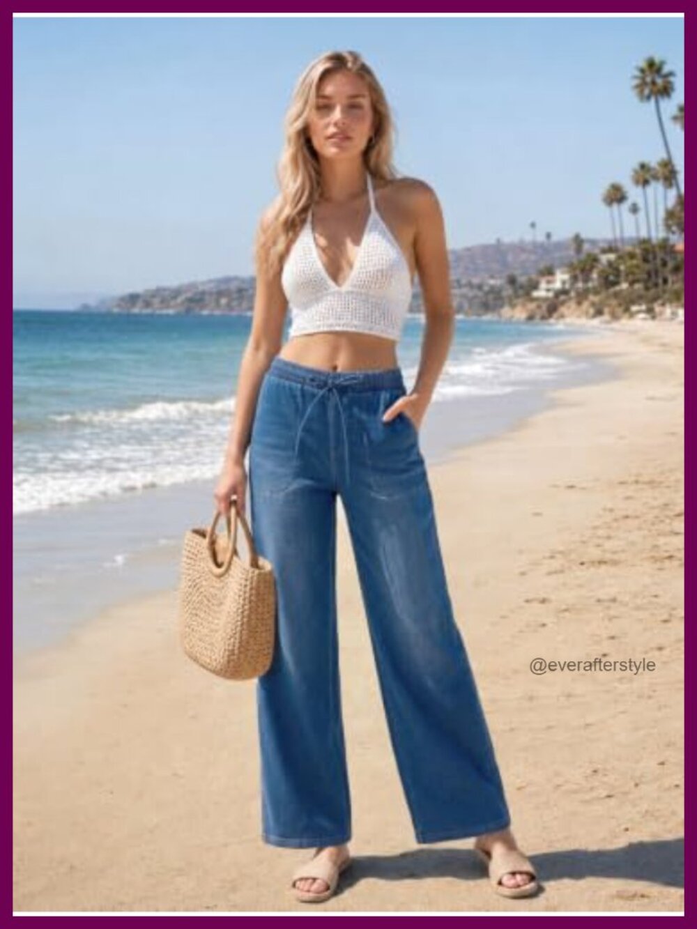 Wide Leg Baggy Jeans High Waisted Stretchy Denim 4 Pockets Drawstring - Picture 4 of 6